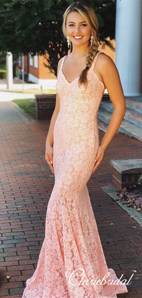 Straps Long Mermaid Pink Lace Beaded Prom Dresses, Lovely Prom Dresses, Prom Dresses