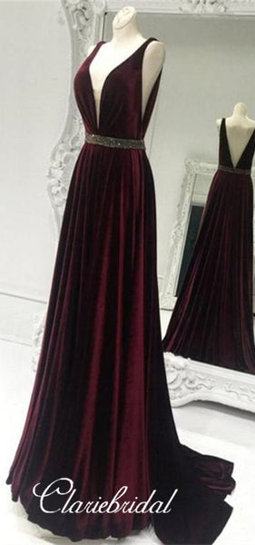 V-neck Burgundy Velvet Prom Dresses, A-line Prom Dresses, Cheap Prom Dresses