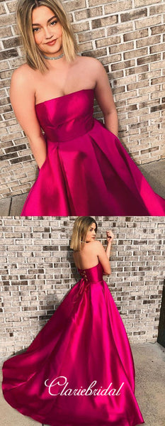 Strapless Hop Pink A-line Satin Prom Dresses, Simple Elegant Prom Dresses, Prom Dresses
