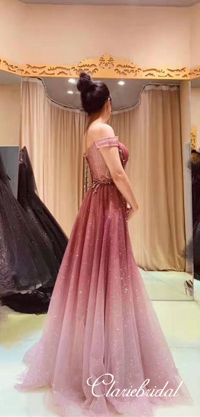 Off Shoulder Long A-line Gradient Sequin Tulle Prom Dresses, Shiny Long Prom Dresses, New 2020 Prom Dresses