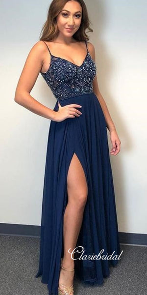 Spaghetti Long A-line Navy Chiffon Beaded Prom Dresses, Elegant Prom Dresses, Side Slit Prom Dresses