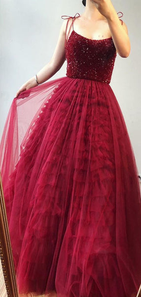 Red Long Prom Dresses, A-line Prom Dresses, Beaded Tulle Prom Dresses, 2020 Prom Dresses