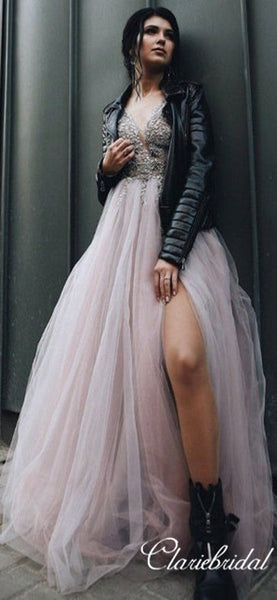 V-neck Lace Beaded Side Slit Long Homecoming Dresses, Prom Dresses