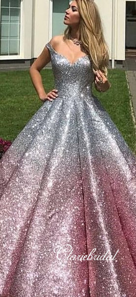 Off Shoulder Long Ball Gown Silver-Pink Sequin Prom Dresses, Ball Gown, Long Prom Dresses, 2020 Prom Dresses