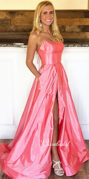 Lovely Long A-line Side Slit Prom Dresses, Pink Satin Prom Dresses, Simple Long Prom Dresses