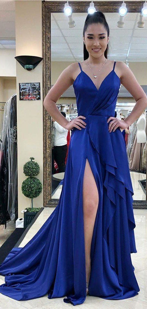 Simple Royal Blue Deep V neck Prom Party Dresses Halter Sash Pleat Formal  Evening Dress Long Gown Vestidos De Noite - AliExpress