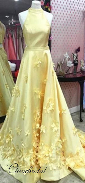Yellow Satin 3D Floral Prom Dresses, Long Prom Dresses, Popular Prom Dresses