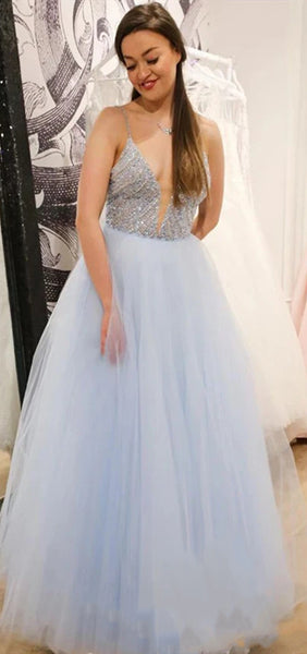 Spaghetti beaded Top A-line Tulle Prom Dresses, Lovely 2020 Prom Dresses, Long Prom Dresses