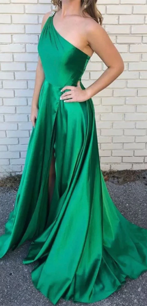 One Shoulder Green Satin Prom Dresses, Beaded Lovely Prom Dresses, Prom Dresses