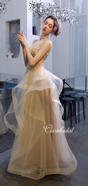 V-neck Long A-line Tulle Rhinestone Prom Dresses, New Claire Design Prom Dresses, Long Prom Dresses