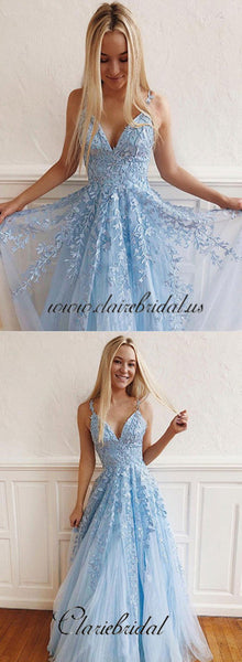 Spaghetti Long A-line Light Blue Lace Tulle Prom Dresses, Newest Prom Dresses