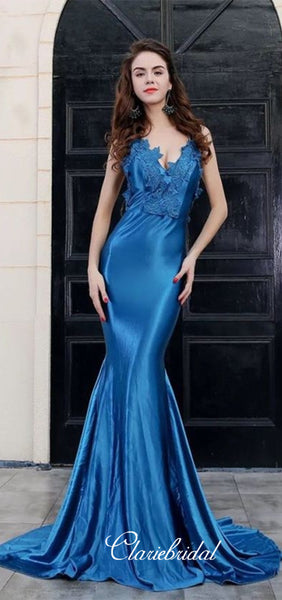 V-neck Long Mermaid Blue Prom Dresses, Sexy Backless Long Prom Dresses, 2020 Prom Dresses