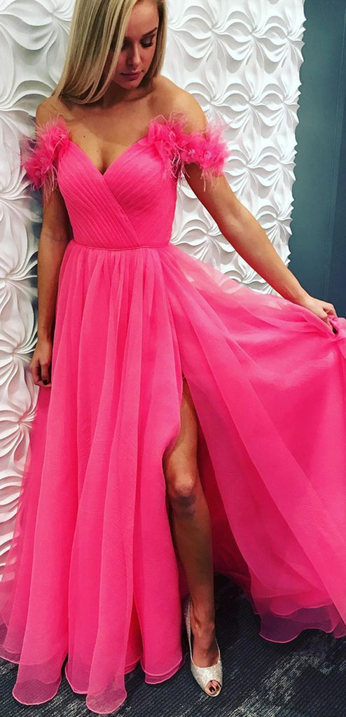 Off Shoulder Long A-line Hot Pink Tulle Prom Dresses, Lovely Prom Dres ClaireBridal Off Shoulder Long A-line Hot Pink Tulle Prom Dresses, Lovely Prom Dres ClaireBridal