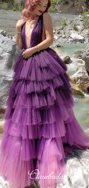 Deep V-neck Gradient Purple Tulle Prom Dresses, Lovely Fluffy Prom Dresses, New 2020 Prom Dresses