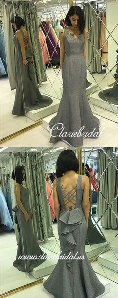 Grey Sheen Satin Mermaid Prom Dresses, Ruffled Long Prom Dresses, Prom Dresses