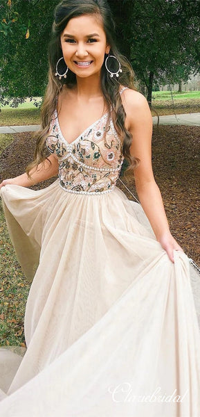 V-neck Boho Beaded Lace LOng Prom Dresses, Long Prom Dresses, Popular Prom Dresses