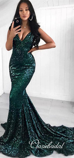 V-neck Long Mermaid Emerald Green Sequin Prom Dresses, Sexy Long Prom Dresses, Popular Prom Dresses