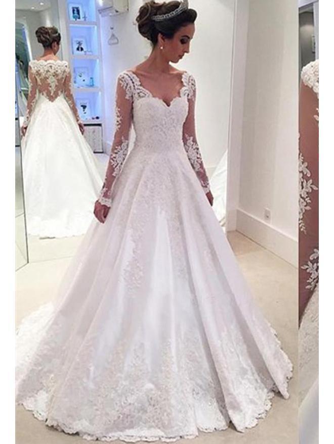 Long Sleeves A-line Lace Satin Wedding Dresses