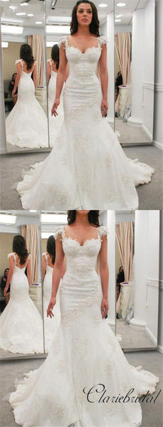 Cap Sleeves Mermaid Lace Elegant Wedding Dresses, Popular Wedding Dresses