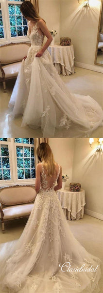 V-neck Long A-line Lace Tulle Romantic Wedding Dresses, Bridal Gown