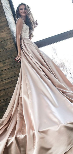 satin wedding dress with lace top Satin Two Piece Lace Short Sleeves Wedding Dresses PW324