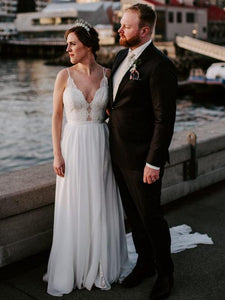 Simple V-neck Lace Chiffon Wedding Dresses, Bridal Gown