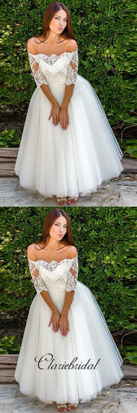 Off Shoulder Half Sleeves A-line Ivory Tulle Long Wedding Dresses