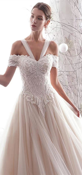 Off Shoulder Elegant Lace Tulle Wedding Dresses, New Wedding Dresses, Long Bridal Gown