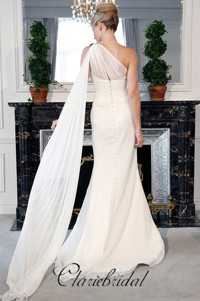 knee length dresses for ladies One Shoulder White Mermaid Bridal Gowns with Ruffles Train main image 1