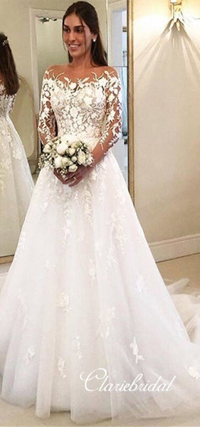 Long Sleeves Lace Tulle Wedding Dresses, Long Wedding Dresses, Elegant Long Wedding Dresses