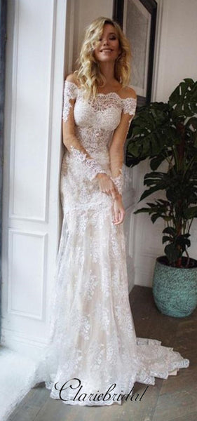 2 Pieces Sheath Lace Tulle Wedding Dresses, Lunury Bridal Gown
