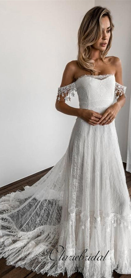 boho off the shoulder wedding dress Off Shoulder Boho Lace Long Wedding Dresses – ClaireBridal