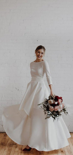 Long Sleeves Hi-low Jersey Wedding Dresses, Simple Design Bridal Gown