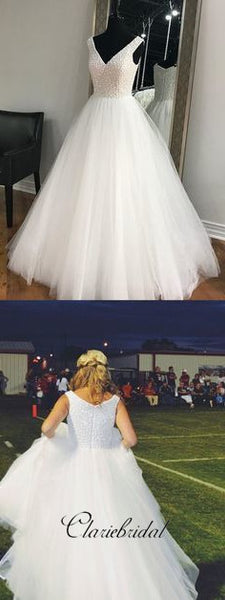 V-neck Beaded Tulle A-line Wedding Dresses, Long Wedding Dresses