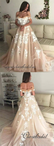 Off Shoulder Champagne Tulle Lace Prom Dresses, Wedding Dresses, Bridal Gown