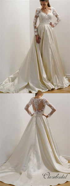 Long Sleeves V-neck Lace Top Satin Wedding Dresses, Bridal Gown