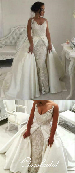 2 Pieces Long Lace Satin Ball Gown Wedding Dresses, Bridal Gown