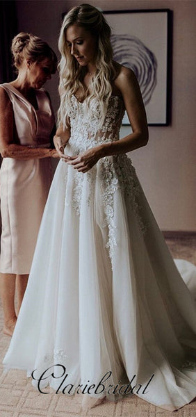 V-neck Lace Tulle Wedding Dresses, Long Wedding Dresses, Elegant Bridal Gown