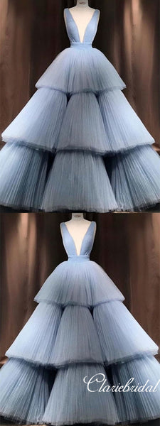 Deep V-neck Luvury Blue Tulle Bridal Gown, Long Wedding Dresses