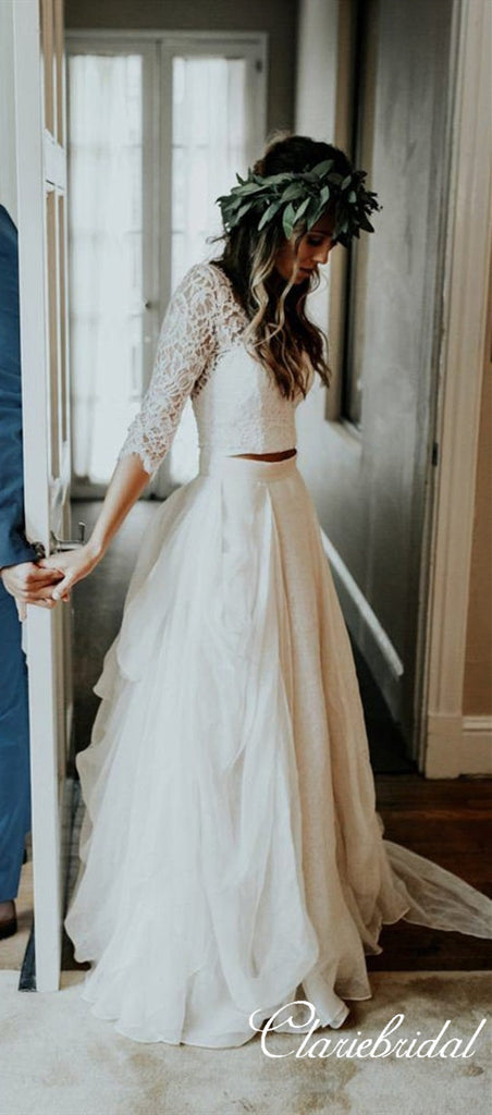 2 Pieces Lace Top Long Sleeves Boho Wedding Dresses ClaireBridal 2 Pieces Lace Top Long Sleeves Boho Wedding Dresses ClaireBridal