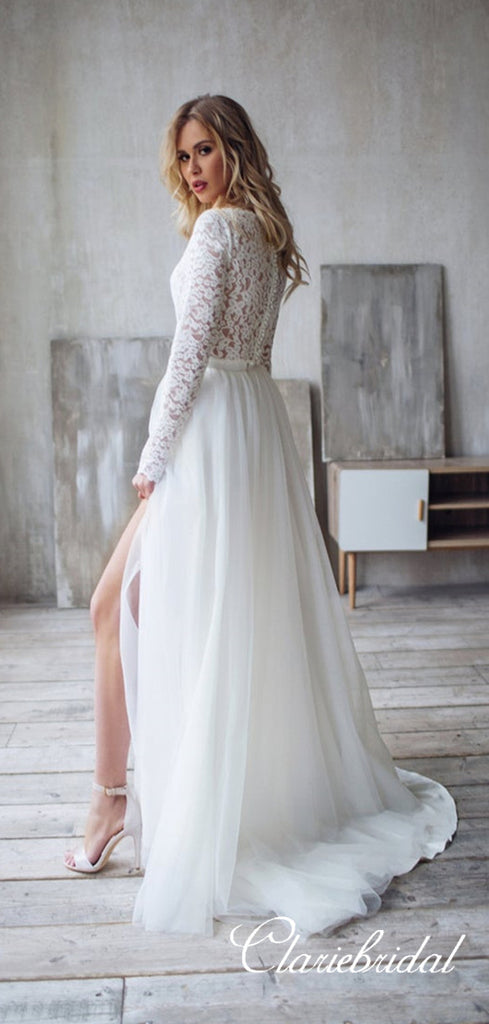 Long Sleeves Lace Wedding Dresses, Side Slit Wedding Dresses, Elegant –  ClaireBridal