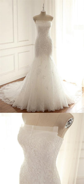 Strapless Long Mermaid Lace Appliques Wedding Dresses
