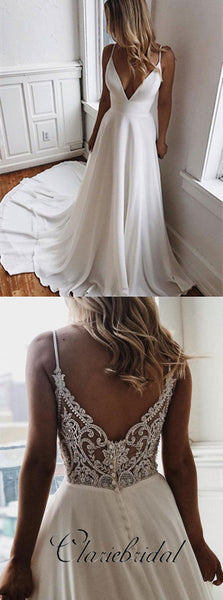 Spaghetti Long A-line V-neck Ivory Chiffon Lace Wedding Dresses, Popular Bridal Gown