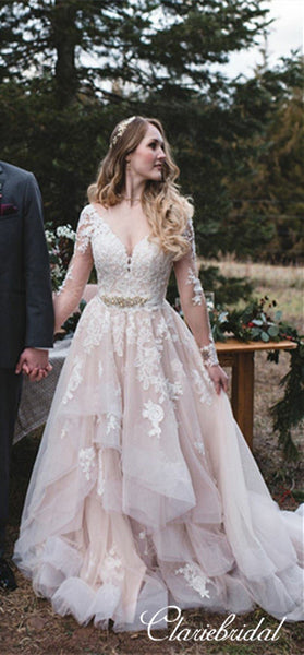 Long Sleeves V-neck Lace Tulle Country Wedding Dresses