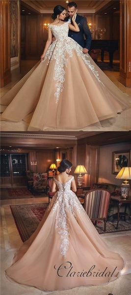 Off Shoulder Lace Tulle A-line Wedding Dresses, Elegant Wedding Dresses