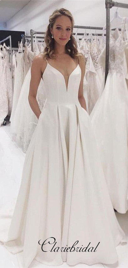 Simple Spaghetti Ivory Satin Wedding Dresses, Long Wedding Dresses, Br ClaireBridal Simple Spaghetti Ivory Satin Wedding Dresses, Long Wedding Dresses, Br ClaireBridal