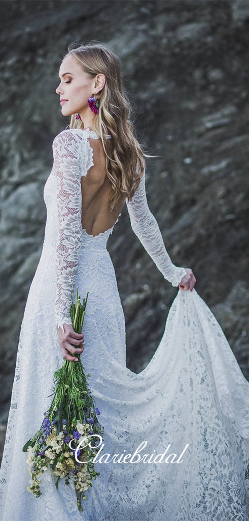 V-neck Long Sleeves Lace Wedding Dresses, Long Wedding Dresses, Beach ClaireBridal V-neck Long Sleeves Lace Wedding Dresses, Long Wedding Dresses, Beach ClaireBridal