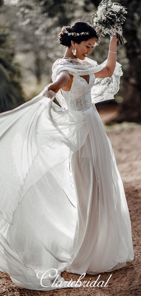 2 Pieces Lace Top A-line Chiffon Side Slit Boho Wedding Dresses