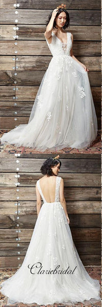 V-neck Ivory Tulle Lace Wedding Dresses, Fluffy Wedding Dresses