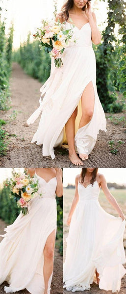 Simple Long A-line Side Slit Chiffon Beach Wedding Dresses
